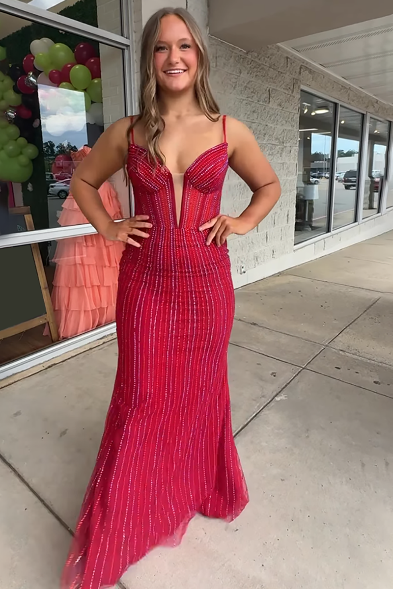 Load image into Gallery viewer, Sparkly Red Beaded Spaghetti Straps Mermaid Long Corset Prom Dress