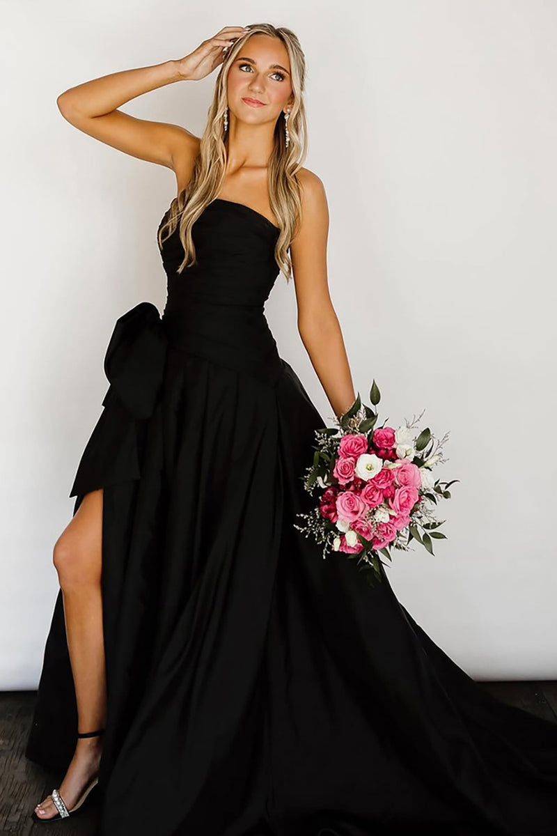 Load image into Gallery viewer, Black Strapless Ball Gown Long Prom Dress with Slit