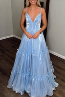 Load image into Gallery viewer, Sparkly Blue Metallic Spaghetti Straps A Line Long Prom Dress