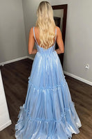 Load image into Gallery viewer, Sparkly Blue Metallic Spaghetti Straps A Line Long Prom Dress