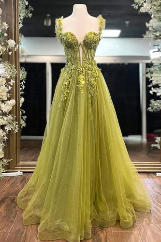 Green Tulle Appliqued A Line Long Corset Prom Dress