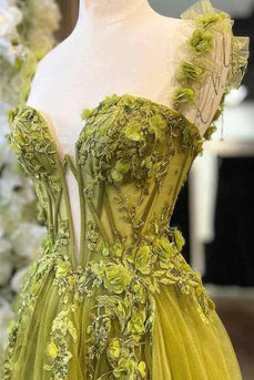 Green Tulle Appliqued A Line Long Corset Prom Dress