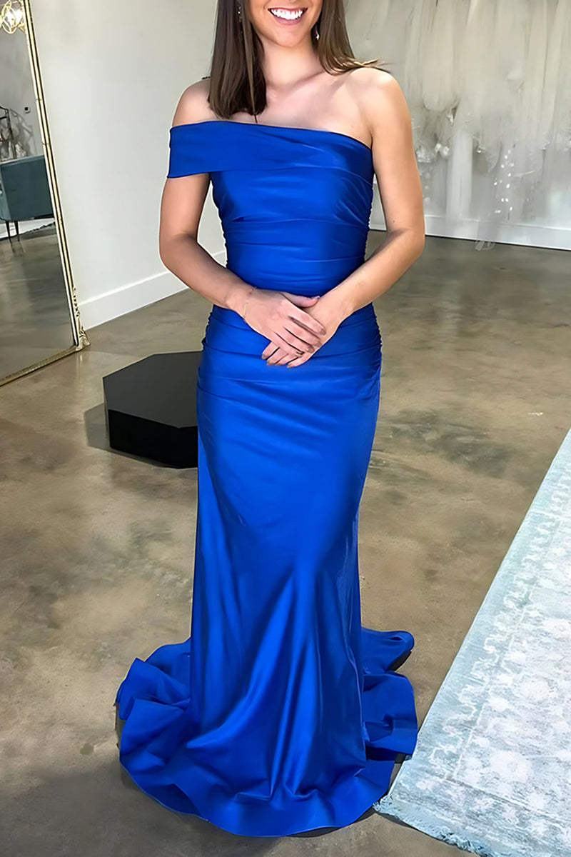 Load image into Gallery viewer, Royal Blue Satin Mermaid One Shoulder Long Prom Dress
