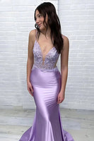Load image into Gallery viewer, Purple Spaghetti Straps Appliqued Mermaid Long Prom Dress