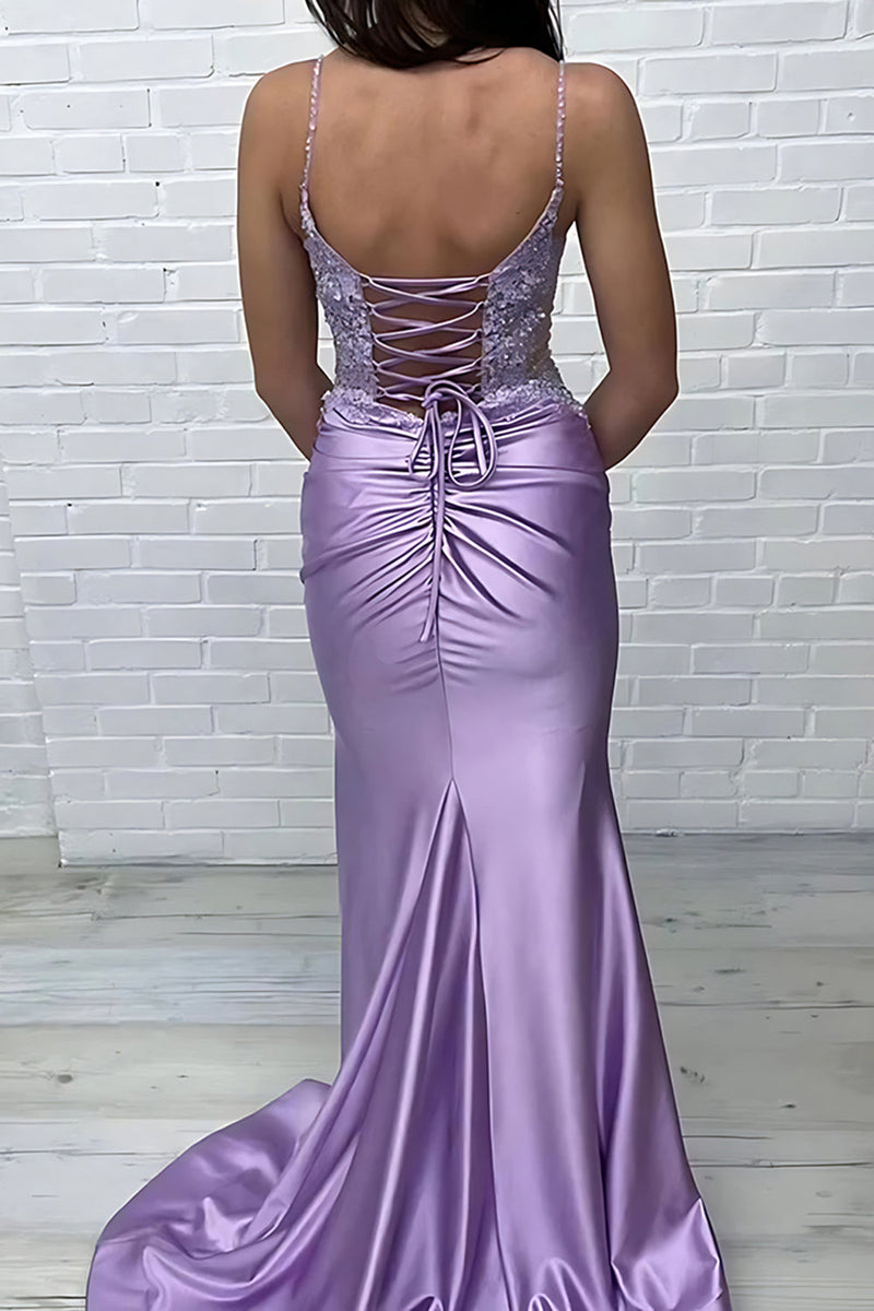Load image into Gallery viewer, Purple Spaghetti Straps Appliqued Mermaid Long Prom Dress
