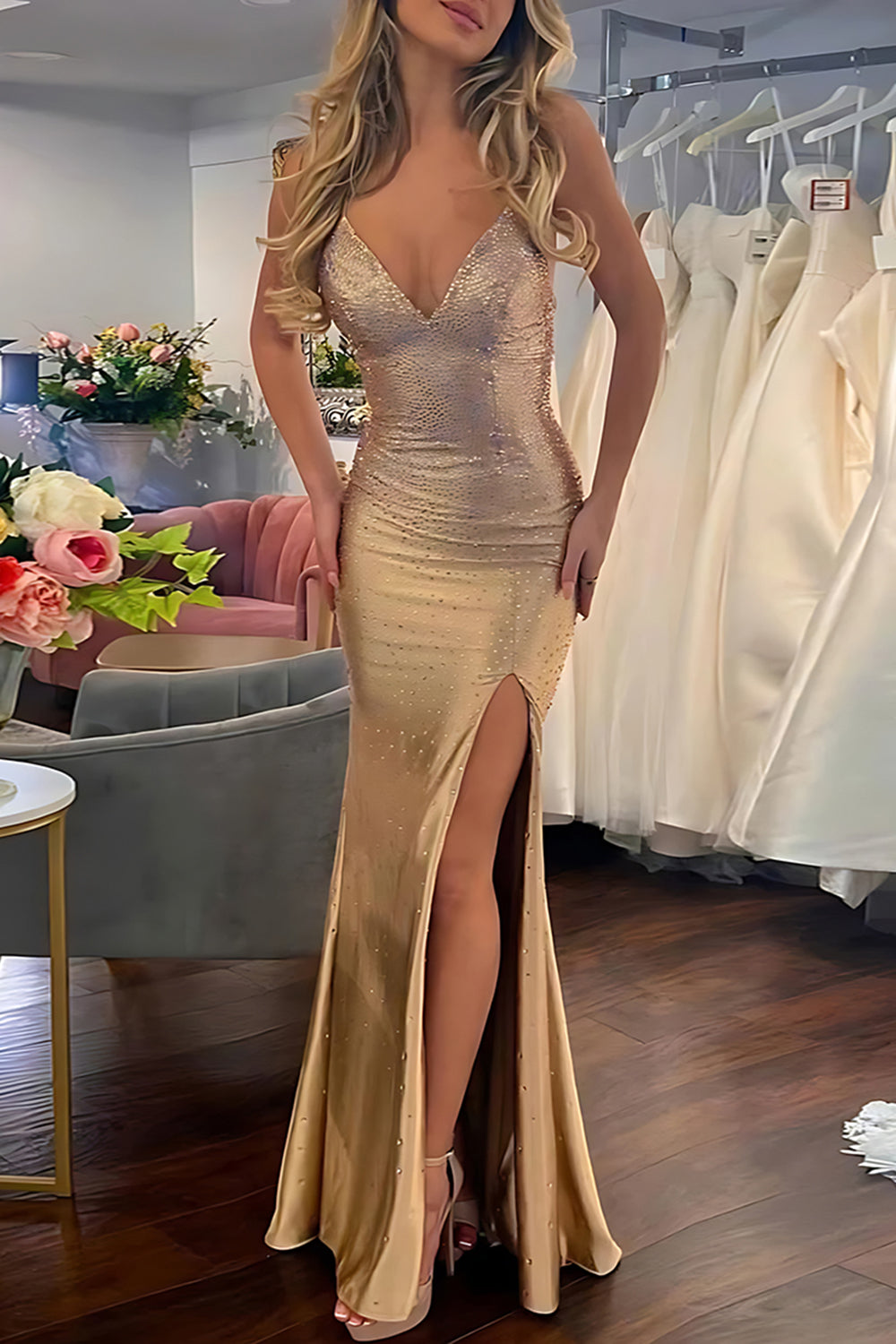 Sparkly Gold Spaghetti Straps Mermaid Long Prom Dress with Slit