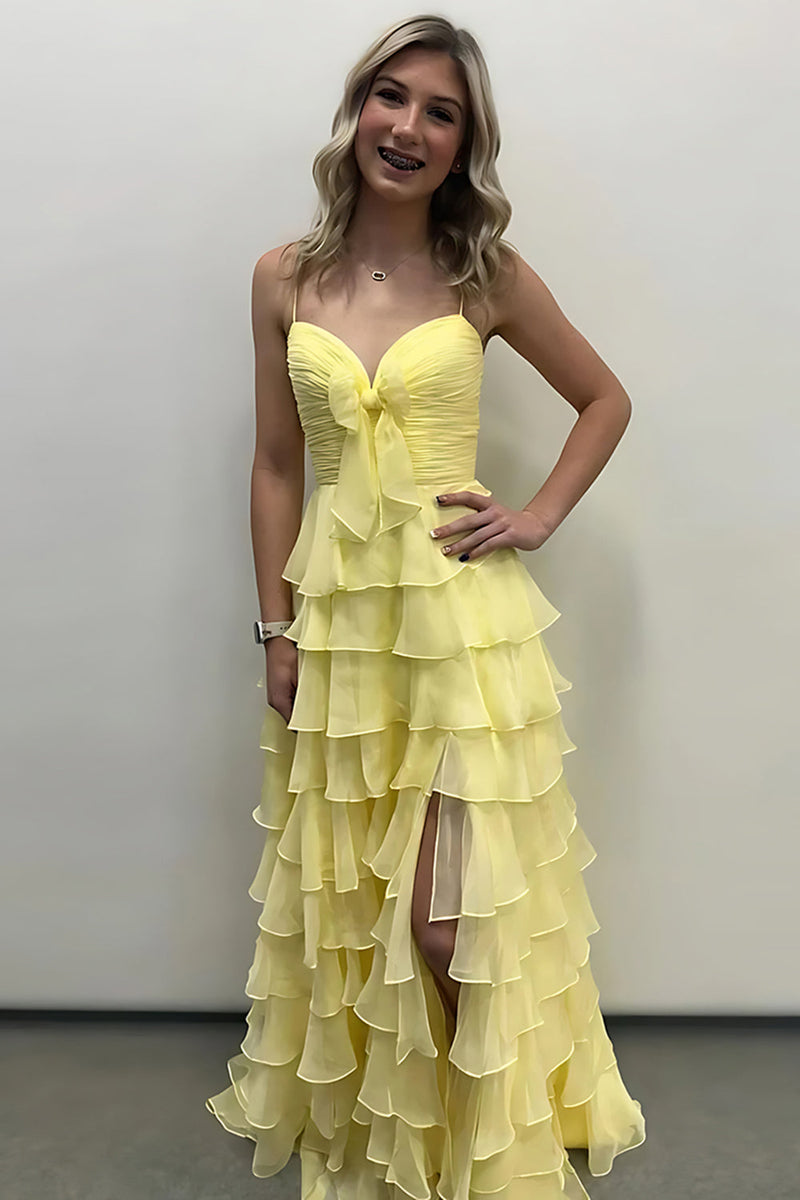 Load image into Gallery viewer, Yellow Ruffled Spaghetti Straps Long Prom Dress with Slit