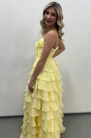 Load image into Gallery viewer, Yellow Ruffled Spaghetti Straps Long Prom Dress with Slit