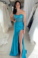Load image into Gallery viewer, Sparkly Blue Sweetheart Corset Long Mermaid Prom Dress with Slit