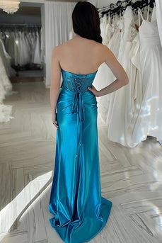 Sparkly Blue Sweetheart Corset Long Mermaid Prom Dress with Slit