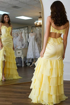 Yellow Floral Spaghetti Straps Mermaid Long Prom Dress with Ruffles