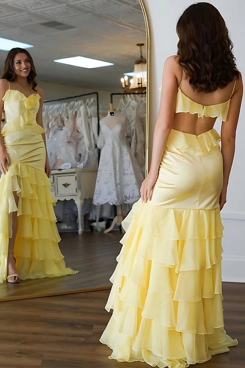 Load image into Gallery viewer, Yellow Floral Spaghetti Straps Mermaid Long Prom Dress with Ruffles