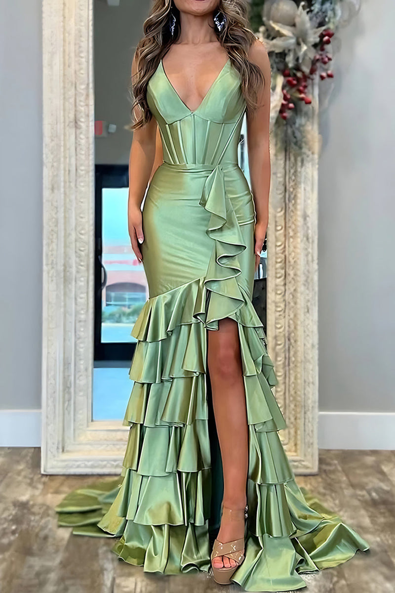 Load image into Gallery viewer, Green Satin Ruffled Mermaid Long Prom Dress with Slit