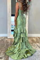 Load image into Gallery viewer, Green Satin Ruffled Mermaid Long Prom Dress with Slit