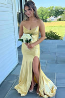 Load image into Gallery viewer, Yellow Satin Mermaid Strapless Long Prom Dress with Slit