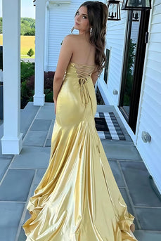Yellow Satin Mermaid Strapless Long Prom Dress with Slit