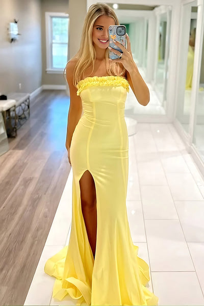 Yellow Ruffled Strapless Mermaid Long Prom Dress with Slit