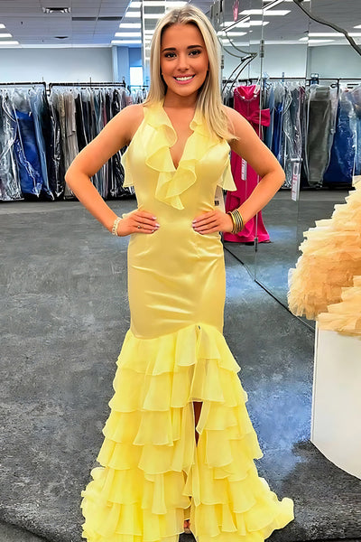 Yellow Mermaid Ruffled V Neck Long Prom Dress with Slit