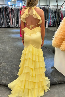Yellow Mermaid Ruffled V Neck Long Prom Dress with Slit