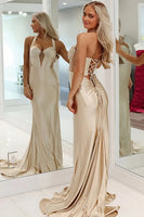 Load image into Gallery viewer, Champagne Satin Mermaid Halter Corset Long Prom Dress with Keyhole