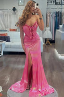 Load image into Gallery viewer, Sparkly Metallic Fuchsia Mermaid Sweetheart Long Corset Prom Dress with Slit