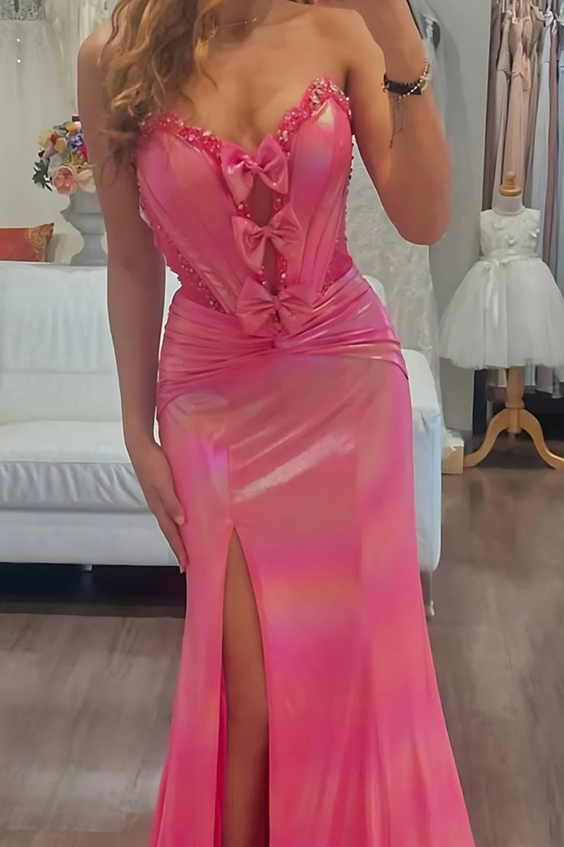 Load image into Gallery viewer, Sparkly Metallic Fuchsia Mermaid Sweetheart Long Corset Prom Dress with Slit