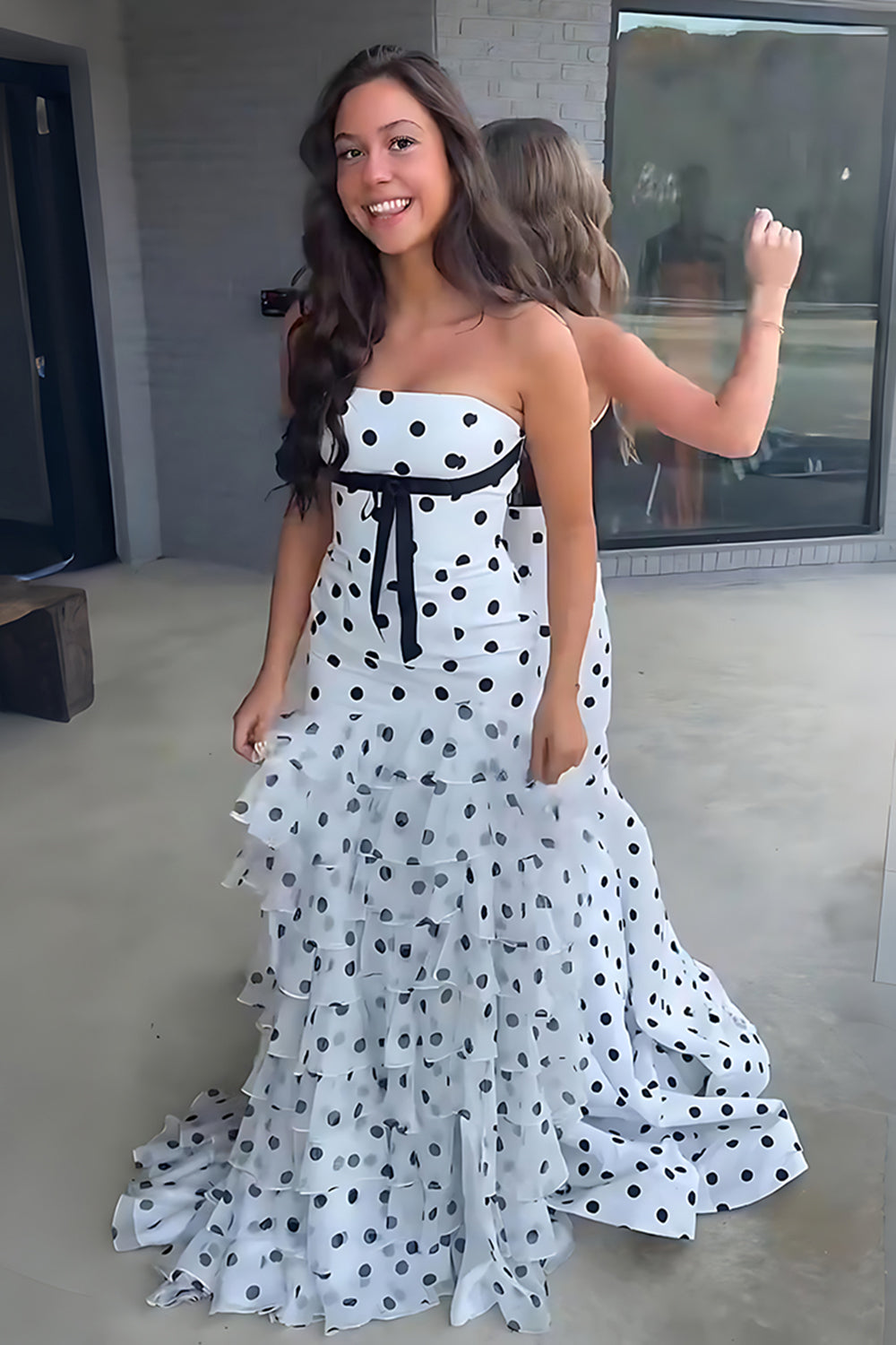 White Black Dot A Line Strapless Long Prom Dress with Ruffles
