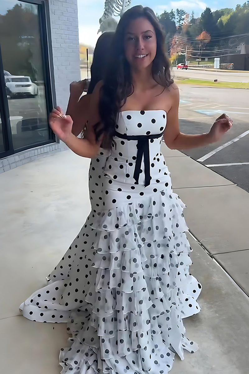 Load image into Gallery viewer, White Black Dot A Line Strapless Long Prom Dress with Ruffles