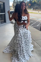 Load image into Gallery viewer, White Black Dot A Line Strapless Long Prom Dress with Ruffles