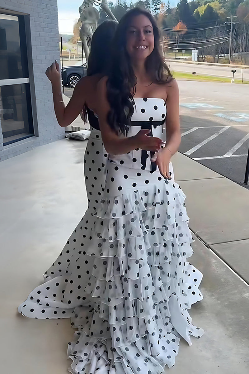 Load image into Gallery viewer, White Black Dot A Line Strapless Long Prom Dress with Ruffles
