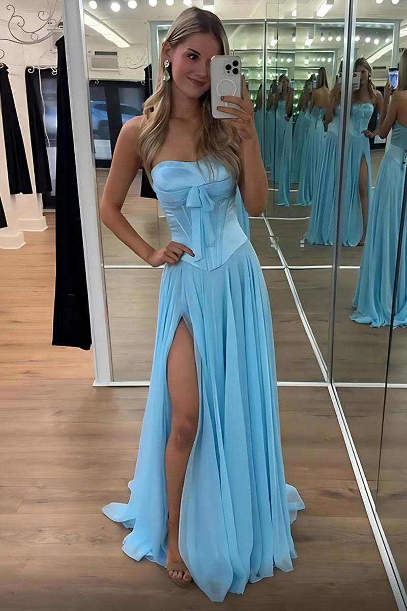 Load image into Gallery viewer, Blue Pleated A Line Sweetheart Long Prom Dress with Slit