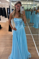 Load image into Gallery viewer, Blue Pleated A Line Sweetheart Long Prom Dress with Slit