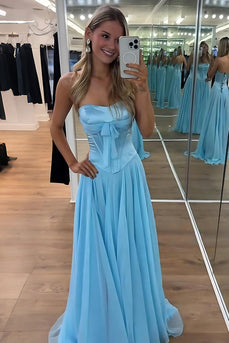 Blue Pleated A Line Sweetheart Long Prom Dress with Slit
