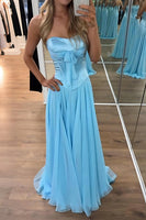 Load image into Gallery viewer, Blue Pleated A Line Sweetheart Long Prom Dress with Slit