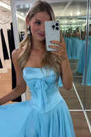 Load image into Gallery viewer, Blue Pleated A Line Sweetheart Long Prom Dress with Slit