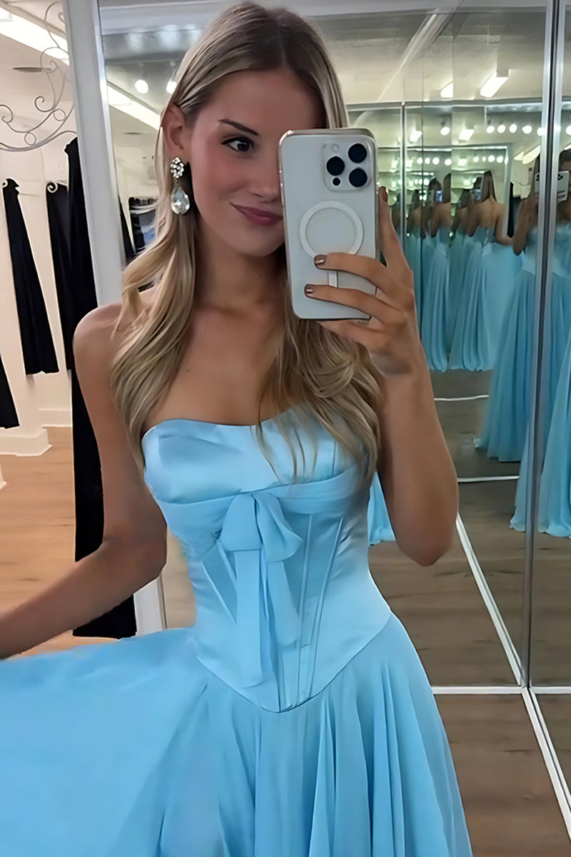 Load image into Gallery viewer, Blue Pleated A Line Sweetheart Long Prom Dress with Slit