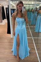 Load image into Gallery viewer, Blue Pleated A Line Sweetheart Long Prom Dress with Slit
