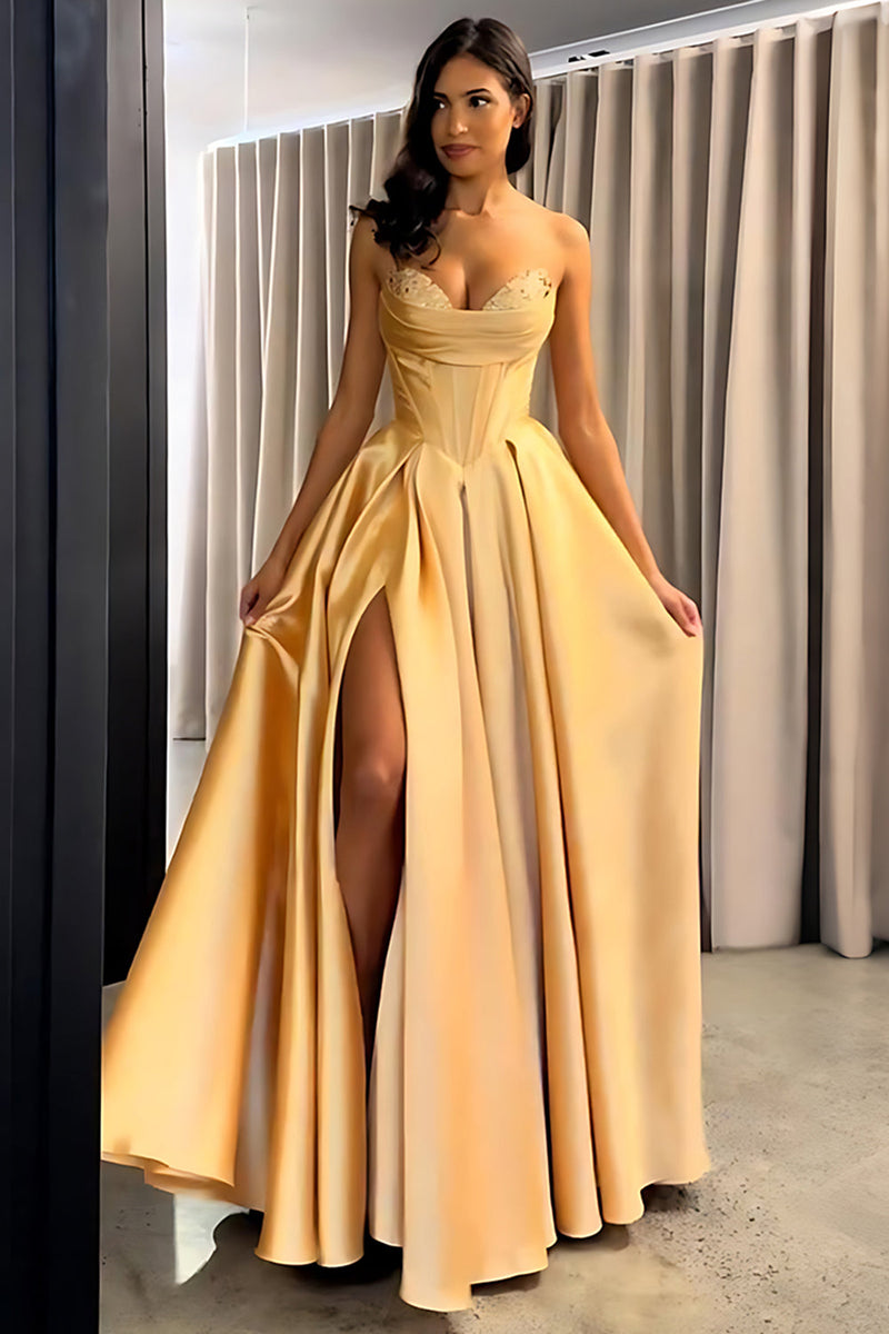 Load image into Gallery viewer, Golden Sweetheart Corset Long Prom Dress with Slit
