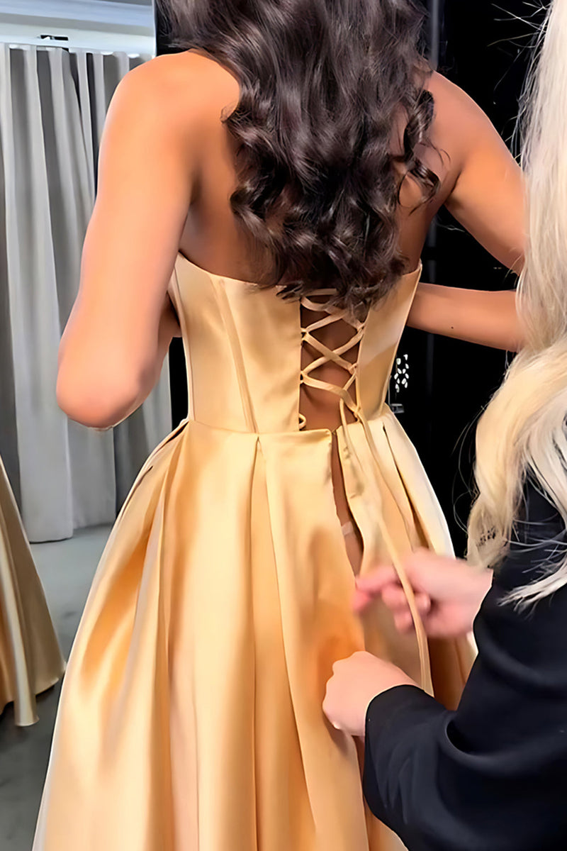Load image into Gallery viewer, Golden Sweetheart Corset Long Prom Dress with Slit
