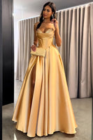 Load image into Gallery viewer, Golden Sweetheart Corset Long Prom Dress with Slit