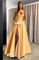 Load image into Gallery viewer, Golden Sweetheart Corset Long Prom Dress with Slit