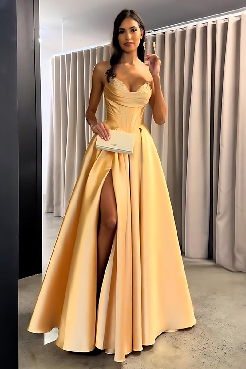 Load image into Gallery viewer, Golden Sweetheart Corset Long Prom Dress with Slit