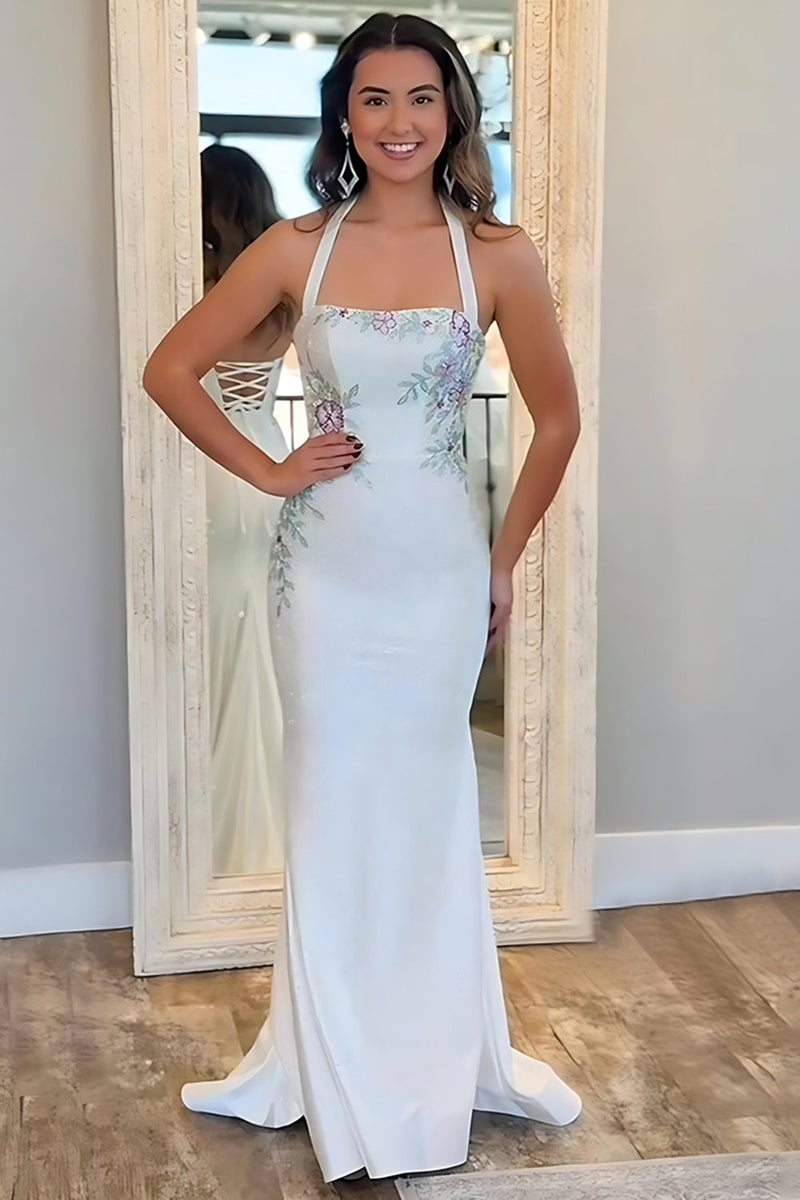 Load image into Gallery viewer, Sparkly White Halter Mermaid Long Prom Dress with Embroidery