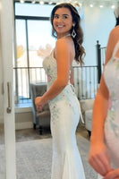 Load image into Gallery viewer, Sparkly White Halter Mermaid Long Prom Dress with Embroidery