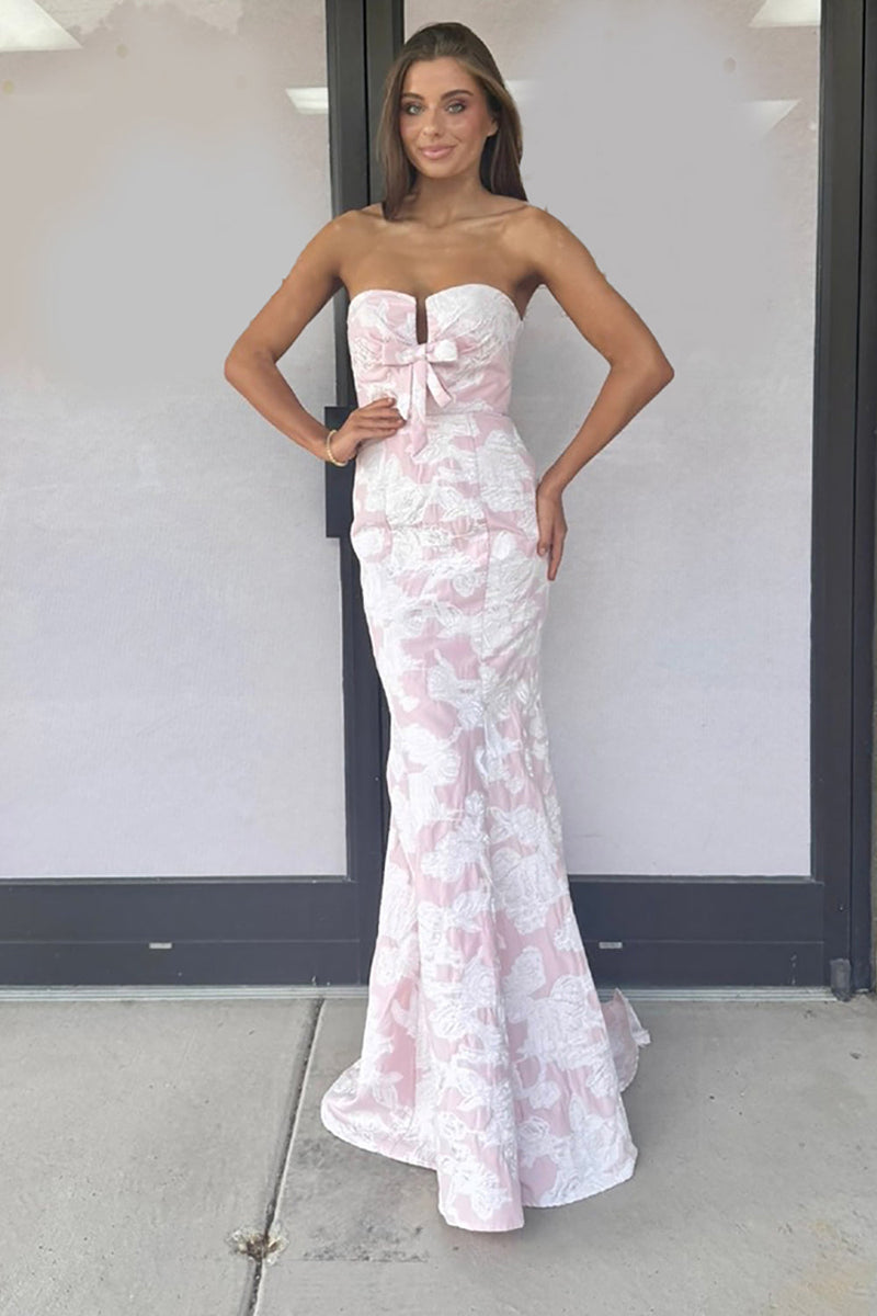 Load image into Gallery viewer, Pink Floral Sweetheart Long Mermaid Prom Dress with Bow