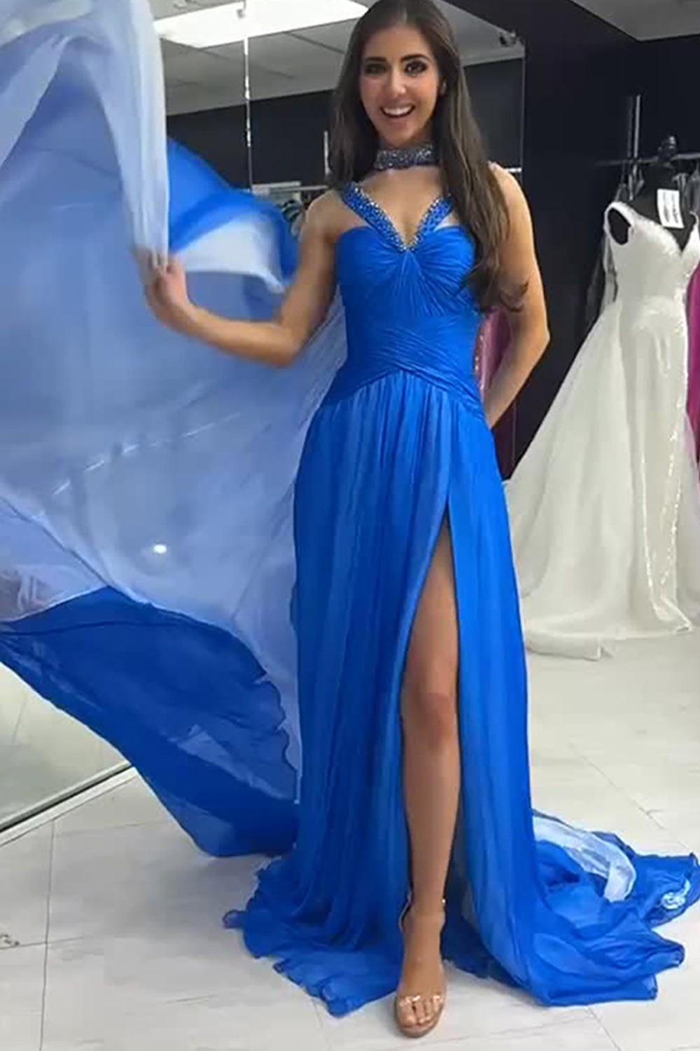 Sparkly Royal Blue Tulle Beaded Halter Long Prom Dress with Slit