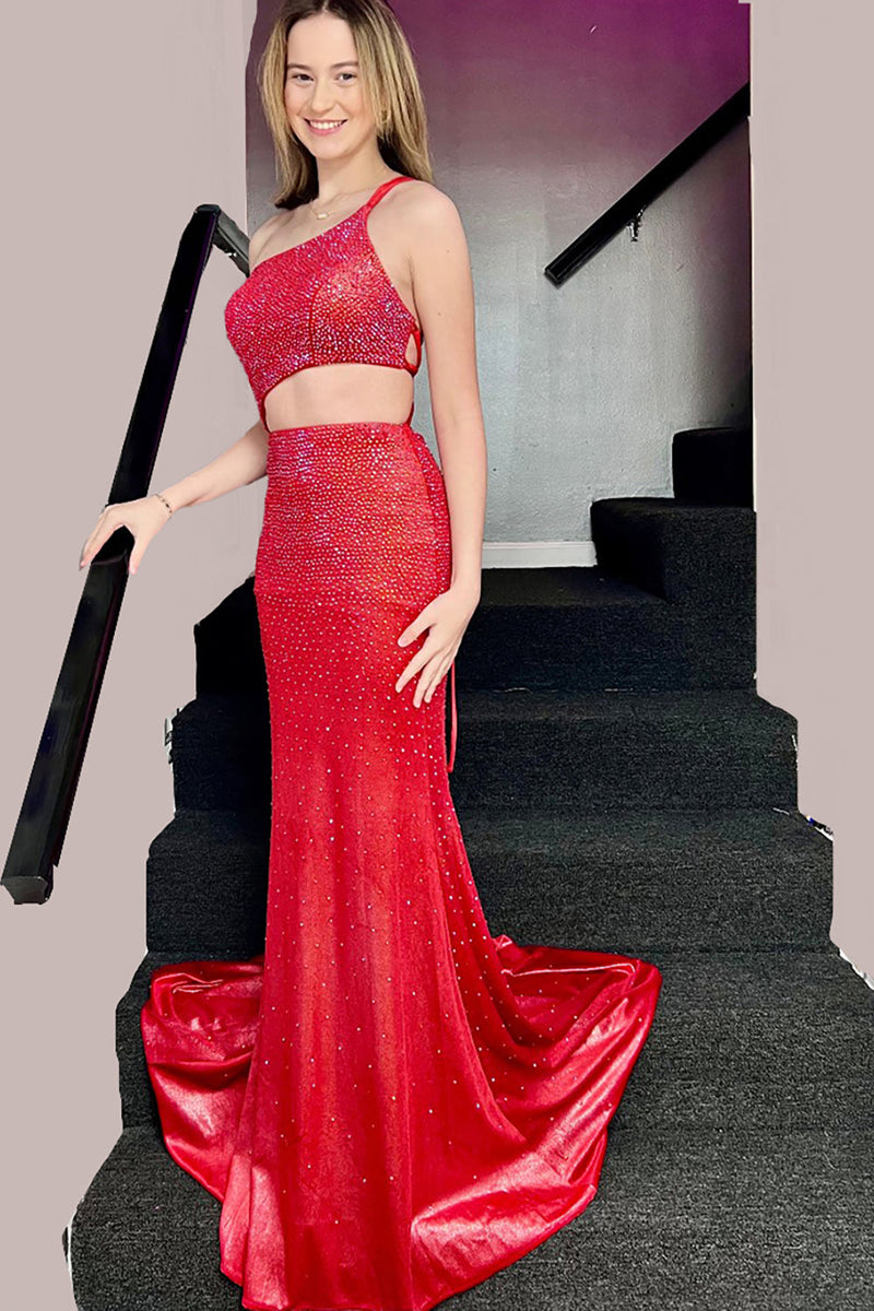 Load image into Gallery viewer, Sparkly Red Cut Out Long Mermaid Prom Dress with Beading