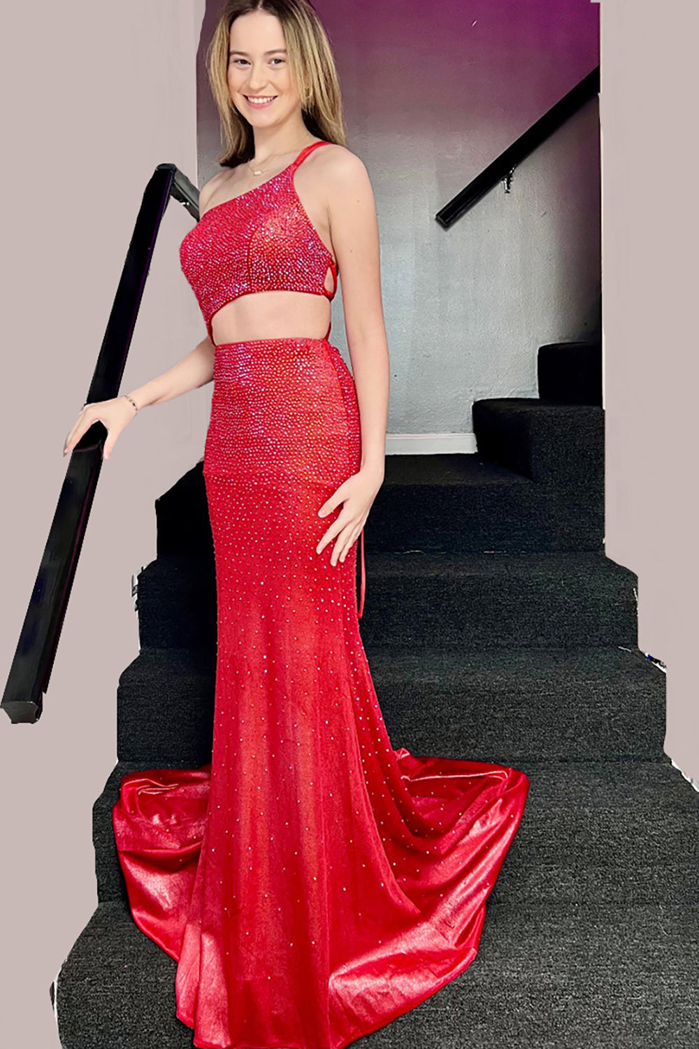 Sparkly Red Cut Out Long Mermaid Prom Dress with Beading