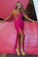 Load image into Gallery viewer, Sparkly Fuchsia One Shoulder Mermaid Long Beaded Prom Dress with Slit