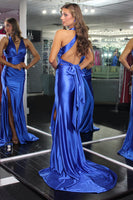 Load image into Gallery viewer, Red Satin V-Neck Long Mermaid Prom Dress with Slit